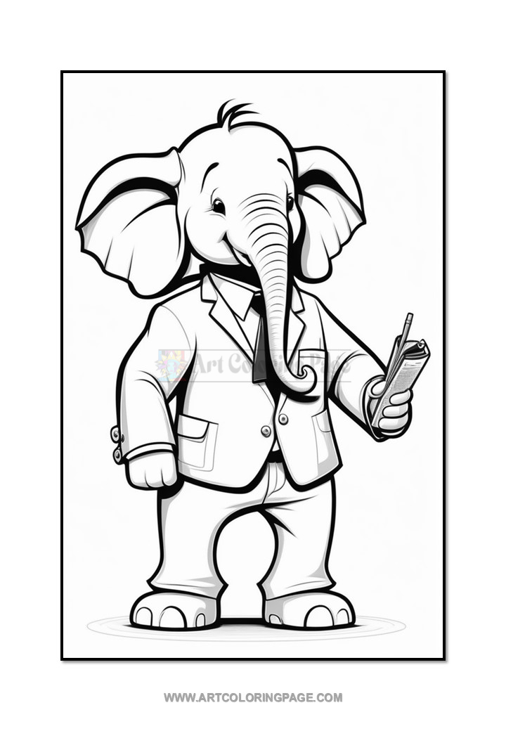 A cartoon elephant dressed in a suit and holding a notepad in one hand, standing confidently with its arms at its sides.