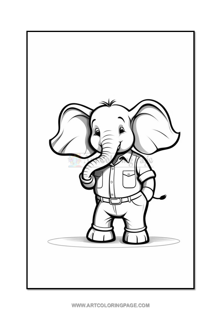 A cartoon-style elephant standing upright, wearing a button-up shirt and pants, with a friendly expression and its trunk curled slightly. The image is outlined in black for coloring purposes on a blank background.