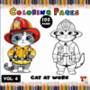 A cartoon-style cat dressed as a firefighter, with a color version on one side and a black-and-white coloring page on the other.