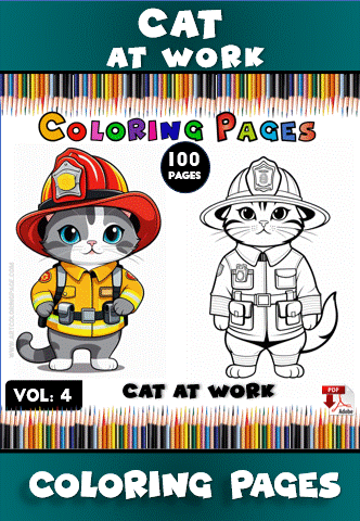 A cartoon-style cat dressed as a firefighter, with a color version on one side and a black-and-white coloring page on the other.