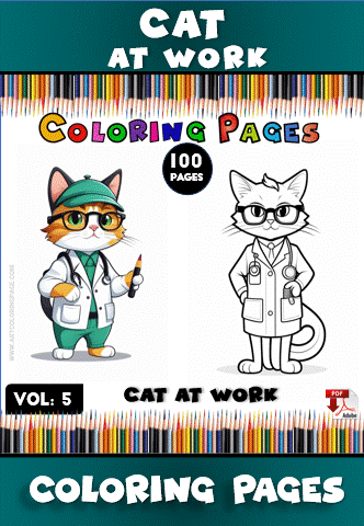 Two cartoon cats dressed as doctors, one holding a pencil, on a colorful background with the title "Cat at Work Coloring Pages."