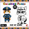 Coloring page featuring two cartoon cats: one dressed as a police officer and the other as a security guard, with a colorful pencil border.