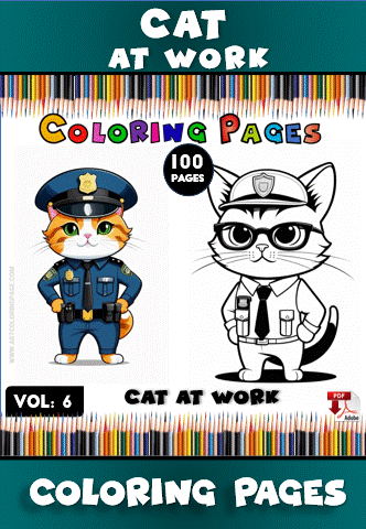 Coloring page featuring two cartoon cats: one dressed as a police officer and the other as a security guard, with a colorful pencil border.