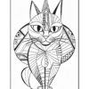 A black and white illustration of a stylized cat with geometric patterns and intricate designs, sitting upright with large eyes and whiskers, surrounded by an ornamental circular background.