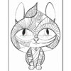 A black and white line drawing of a stylized cat with large eyes, a small nose, and a smiling expression, featuring intricate patterns such as swirls and stripes throughout its body and ears, designed for coloring purposes.