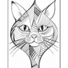 A stylized black and white illustration of a cat's face, featuring geometric patterns and lines in various shapes creating a textured look, with prominent eyes, whiskers, and a symmetrical design in a framing rectangle.