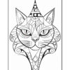 A stylized black and white illustration of a cat's face, featuring decorative geometric patterns and elongated whiskers, with a party hat on top of its head.