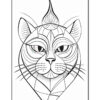 A stylized, geometric outline drawing of a cat's face featuring large eyes, prominent whiskers, and a tufted crown on its head, set against a white background with a thin black border.