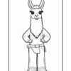 A cartoon llama standing confidently with hands on hips, wearing a shirt and pants, outlined in black and white for coloring.