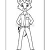 A cartoon fox character standing confidently with its hands on its hips, wearing a button-up shirt, tie, and pants, set against a plain background.