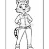 A cartoon fox character standing with a confident pose, wearing a button-up shirt and jeans, with a visible tail featuring a unique pattern, set against a blank white background.