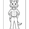 A cartoon lynx character stands confidently with hands on hips, wearing a button-up shirt and pants. The image is outlined for coloring, featuring distinct facial features like pointed ears and a whiskered mouth.