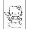 A cartoon character resembling a cat with a bow, dressed in overalls, holding a sword, standing on a circular platform. The image is outlined for coloring.
