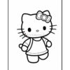 A black and white line drawing of a cartoon cat character with a bow on its head, wearing a dress and standing with its arms slightly outstretched.