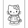 A cartoon cat character with a bow on its head, wearing a dress with cloud patterns, standing upright and looking towards the viewer, outlined in black for coloring.