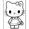 A cartoon character resembling a kitten with big eyes and a bow on its head, wearing a dress with a collar and holding a small object in its hand, outlined in black and designed for coloring.