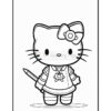 A line drawing of a cartoon cat character with a bow on its head, wearing a dress and holding a pencil in one hand, standing upright and smiling.