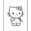 A black and white line drawing of a cartoon character resembling a cat with a bow on its head, wearing overalls and standing with hands on its hips, set against a plain background.