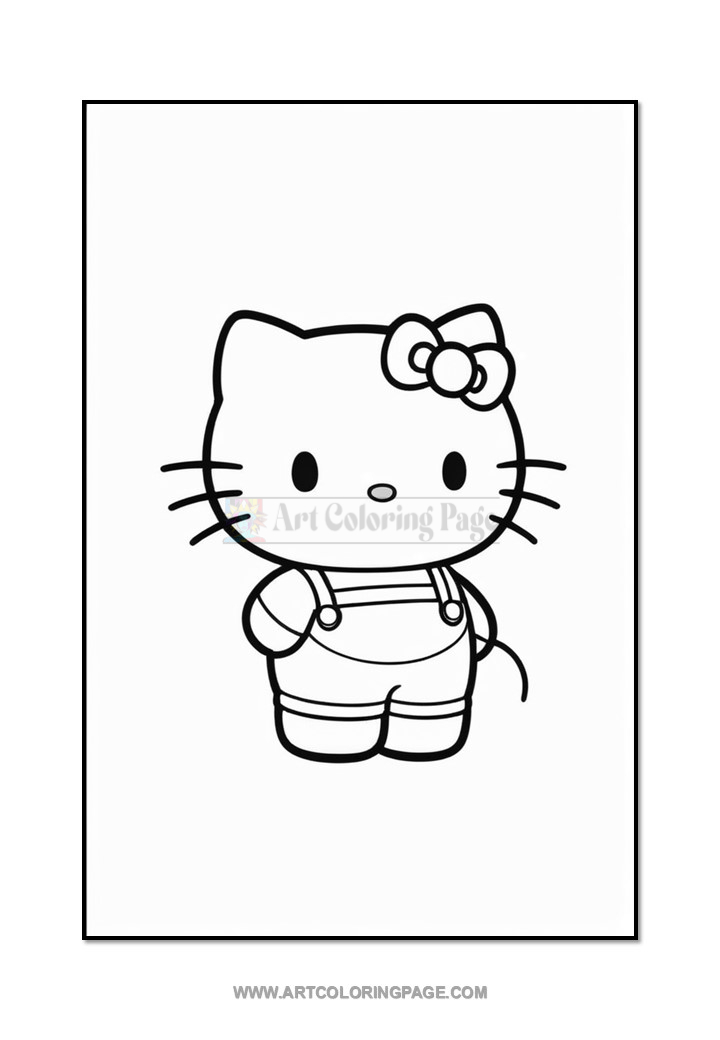 A black and white line drawing of a cartoon character resembling a cat with a bow on its head, wearing overalls and standing with hands on its hips, set against a plain background.