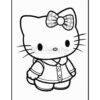 A black and white line drawing of a cartoon cat character with a bow on its head, wearing a button-up outfit with a fur collar. The character features large oval eyes and whiskers, and stands in a slight pose.