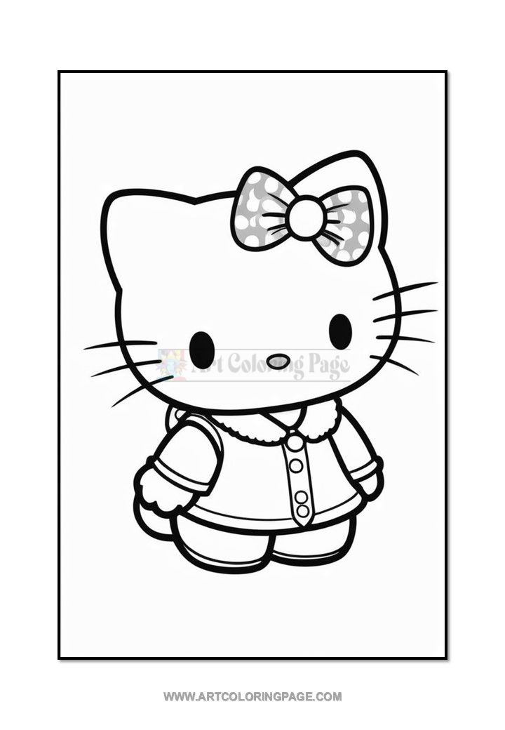 A black and white line drawing of a cartoon cat character with a bow on its head, wearing a button-up outfit with a fur collar. The character features large oval eyes and whiskers, and stands in a slight pose.