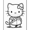 A cartoon character resembling a cat with a bow on its head, wearing a dress and a messenger bag, standing on two legs, outlined in black for coloring.
