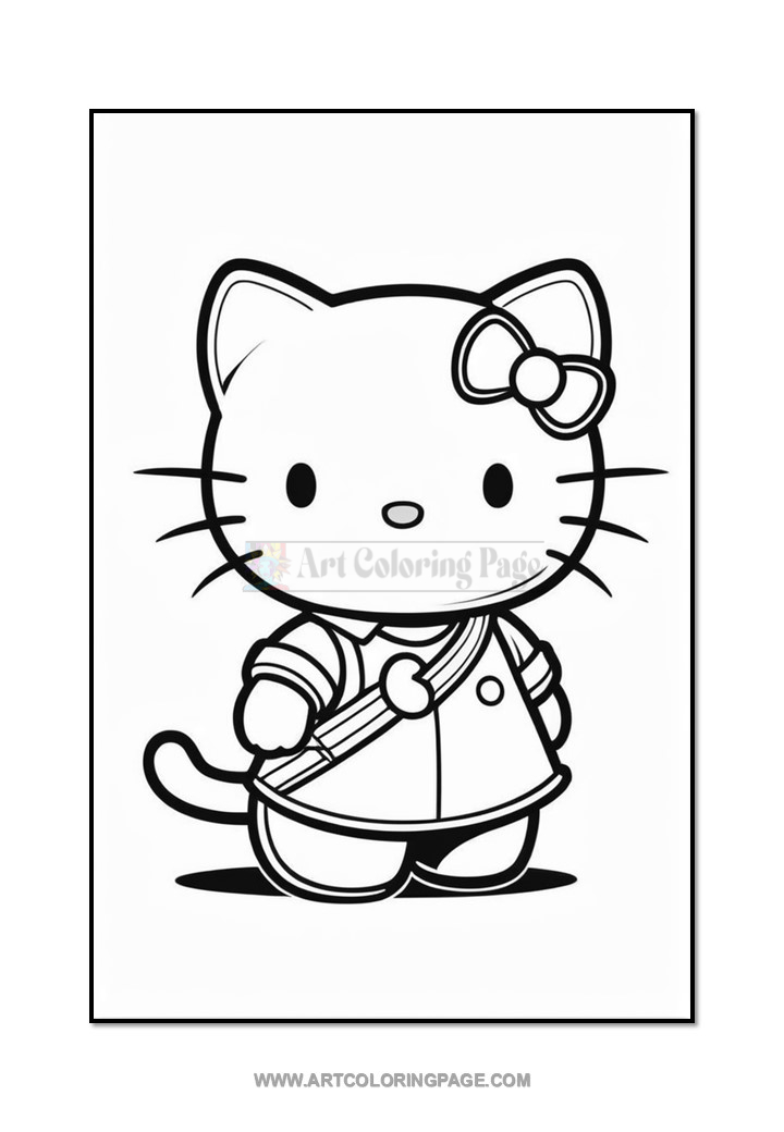 A cartoon character resembling a cat with a bow on its head, wearing a dress and a messenger bag, standing on two legs, outlined in black for coloring.