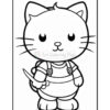 A cartoon cat character with a round face, large eyes, and whiskers, wearing a striped shirt and overalls with straps. It has a small backpack and holds a small knife.