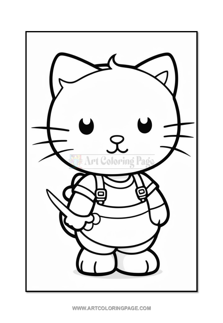 A cartoon cat character with a round face, large eyes, and whiskers, wearing a striped shirt and overalls with straps. It has a small backpack and holds a small knife.