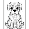 A black and white line drawing of a sitting puppy with large eyes and a rounded face, featuring wavy fur patterns and a streamlined body. The image is framed and includes decorative elements in the background.