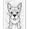 A detailed line drawing of a dog with prominent ears and expressive eyes, featuring a geometric background of radiating lines that adds a dynamic feel to the composition.