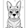 A black and white line drawing of a seated dog with large ears and expressive eyes, featuring decorative patterns on its fur, surrounded by small circles in the background.