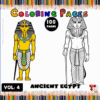 Cover of a coloring book titled 'Ancient Egypt Coloring Pages' featuring two figures dressed in traditional Egyptian attire, one in color and the other in outline form for coloring. The cover includes the text 'Vol. 4' and '100 Pages' against a vibrant yellow background with a border of colored pencils.