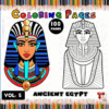 A cover for an Ancient Egypt-themed coloring book featuring two illustrated images: one colorful depiction of a pharaoh or queen in traditional Egyptian attire with ornate headdress, and a black and white outline version of the same figure, along with the text 'Ancient Egypt Coloring Pages Vol. 5' and '100 PAGES'. The background is decorated with colored pencils.