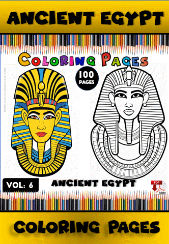 Cover of a coloring book featuring Ancient Egypt with two illustrated Egyptian figures, one in color and the other in outlined style, surrounded by colorful pencil graphics at the top and a bold title at the bottom reading 'Ancient Egypt Coloring Pages, Vol. 6'.