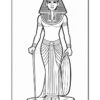 A black and white outline drawing of an ancient Egyptian pharaoh wearing a headdress and a long gown, holding a staff in one hand and draping a cloth in the other, standing on a circular base.