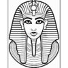 A black and white line drawing of a pharaoh with a traditional headdress, featuring detailed stripes and a prominent circular ornament on the forehead, with facial expressions rendered simply and clearly suitable for coloring.
