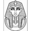 A black and white line drawing of a pharaoh's face, featuring a headdress with horizontal stripes and a prominent necklace, displayed in a coloring page style.