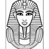 A black and white line drawing of an ancient Egyptian figure with a pharaoh's headdress, featuring distinct facial features and ornate jewelry.