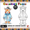 A winter-themed animal coloring page featuring a dog and a bear in cozy outfits, part of a collection on artcoloringpage.com.