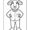 A cartoon sheep character wearing a button-up shirt and pants, standing with hands on hips, in a black and white coloring page style.