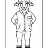 A cartoon sheep character standing confidently with its hands on its hips, wearing a button-up shirt with a pocket and pants, along with black shoes.