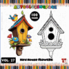 Coloring page featuring a decorative birdhouse surrounded by flowers, from artcoloringpage.com, part of the cozy coloring book collection.