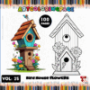 Coloring page featuring a whimsical birdhouse surrounded by flowers, promoting artcoloringpage.com with cozy coloring book themes.