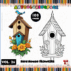 Bird house coloring page featuring flowers, part of a cozy coloring book collection on artcoloringpage.com.