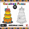 A colorful birthday cake illustration alongside a black and white outline of the same cake, suitable for cozy coloring pages from artcoloringpage.com.