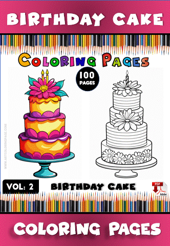 Colorful birthday cake illustration for a coloring book, featuring two layered cakes with flowers; perfect for cozy coloring pages at artcoloringpage.com.