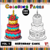 A colorful birthday cake illustration surrounded by text promoting 100 pages of cozy coloring pages from artcoloringpage.com.