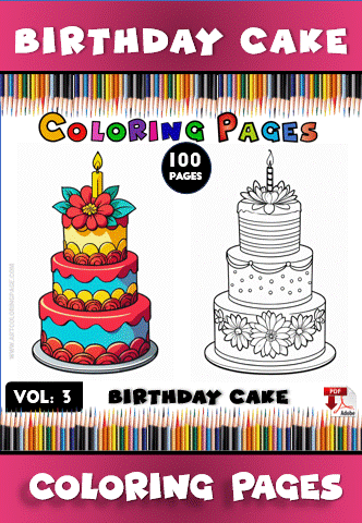 A colorful birthday cake illustration surrounded by text promoting 100 pages of cozy coloring pages from artcoloringpage.com.