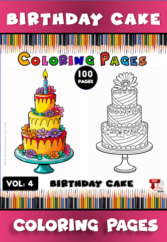 Coloring page featuring two birthday cake designs with colorful decorations, promoting artcoloringpage.com and cozy coloring book themes.